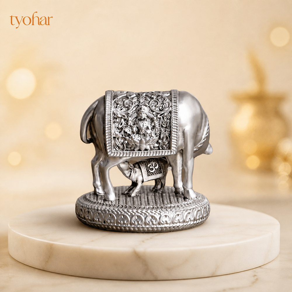 Mata Kamdhenu With Nandi Calf Idol | Pure Silver Plated