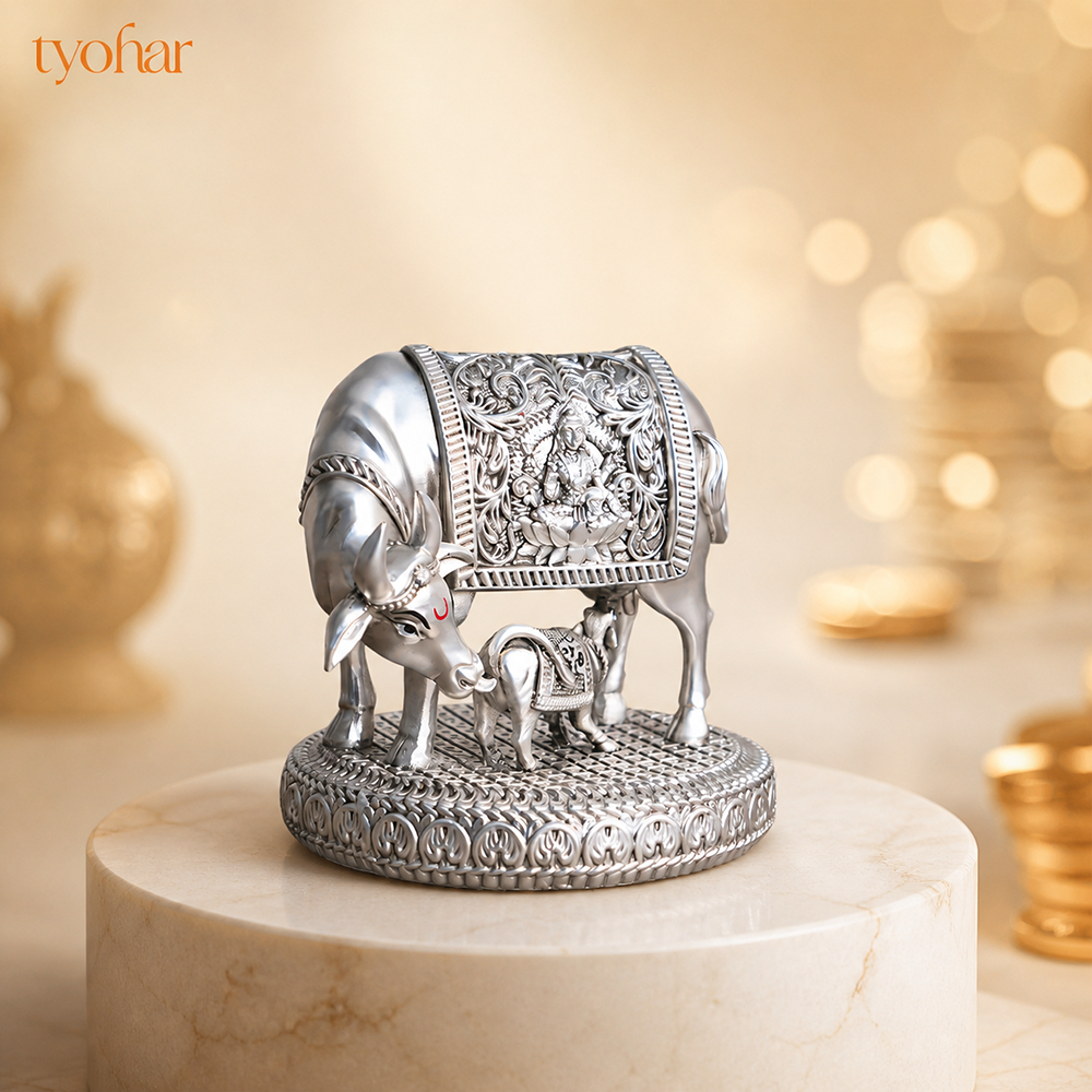 Mata Kamdhenu With Nandi Calf Idol | Pure Silver Plated