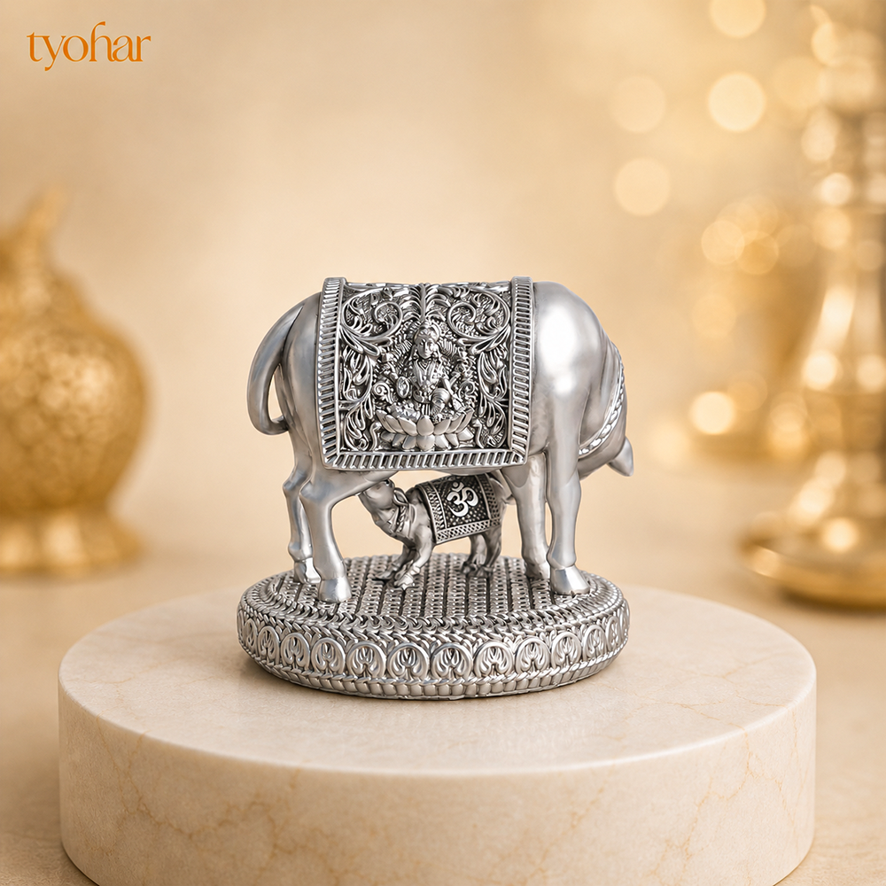 Mata Kamdhenu With Nandi Calf Idol | Pure Silver Plated