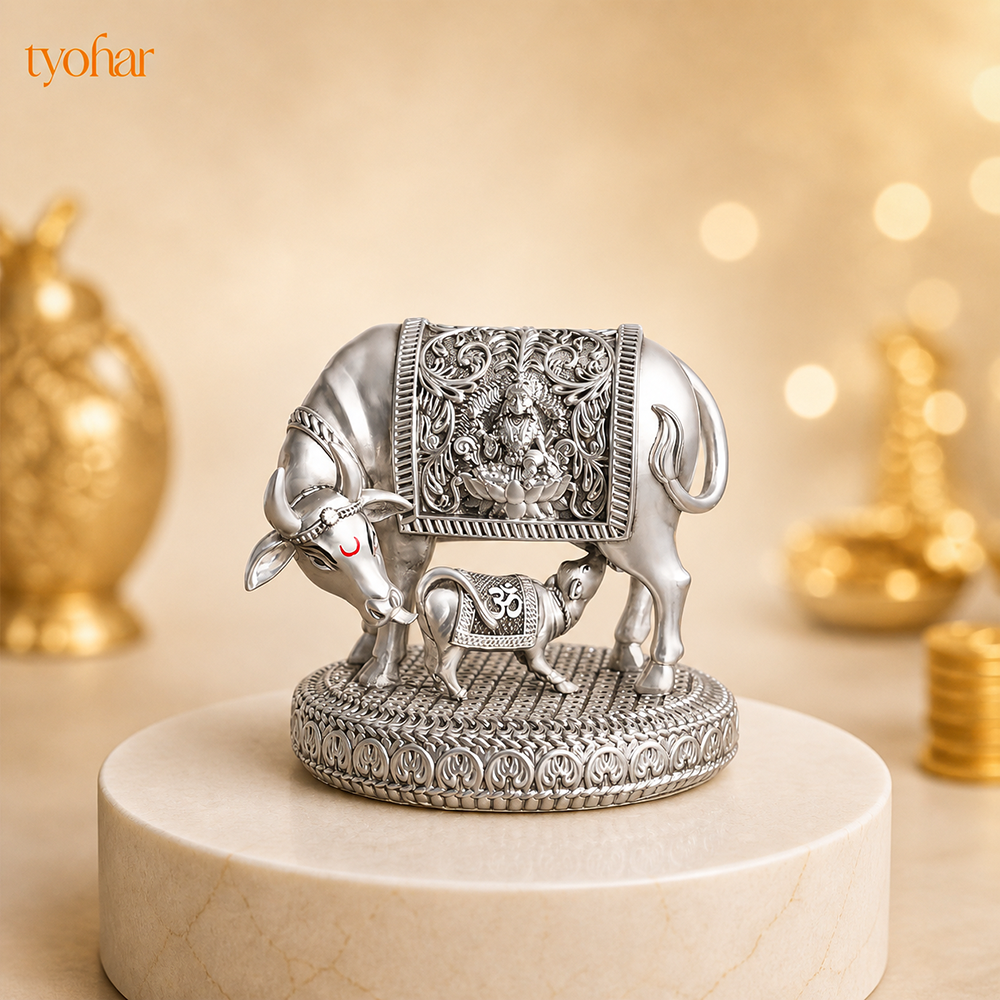 Mata Kamdhenu With Nandi Calf Idol | Pure Silver Plated