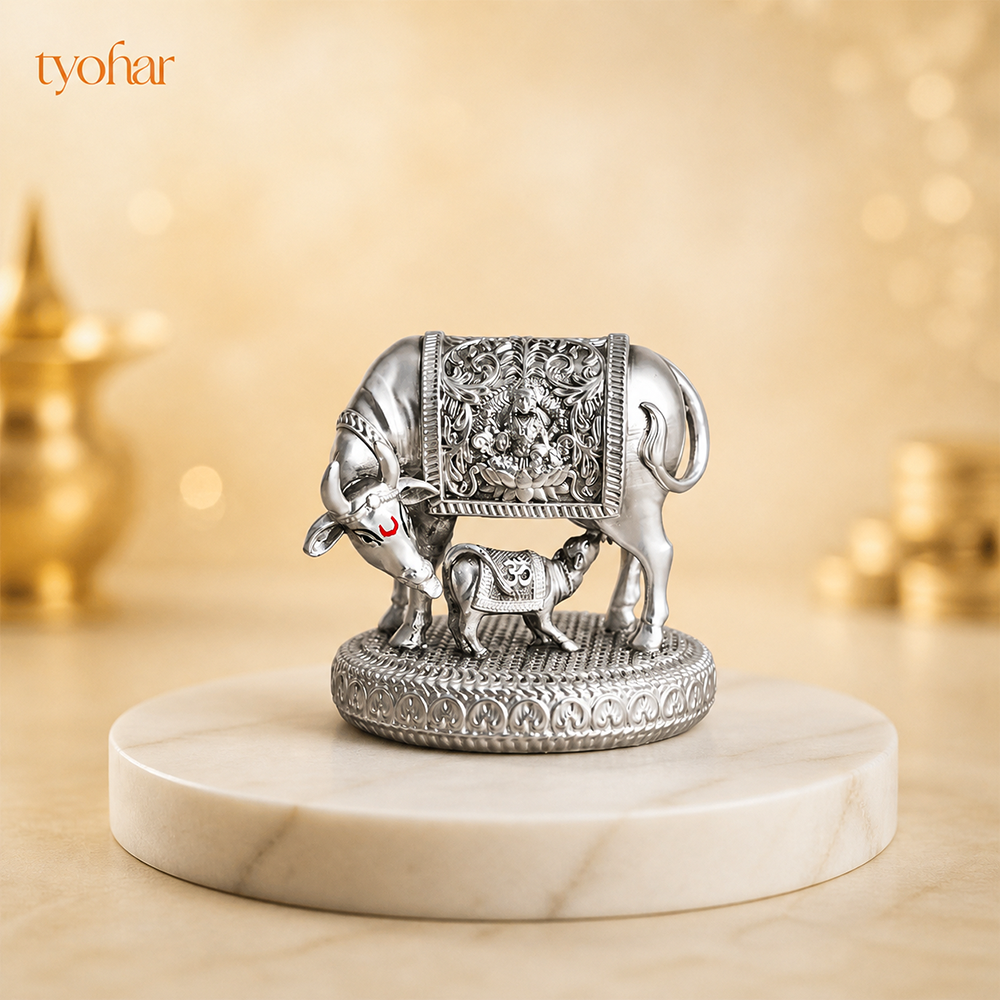 Mata Kamdhenu With Nandi Calf Idol | Pure Silver Plated