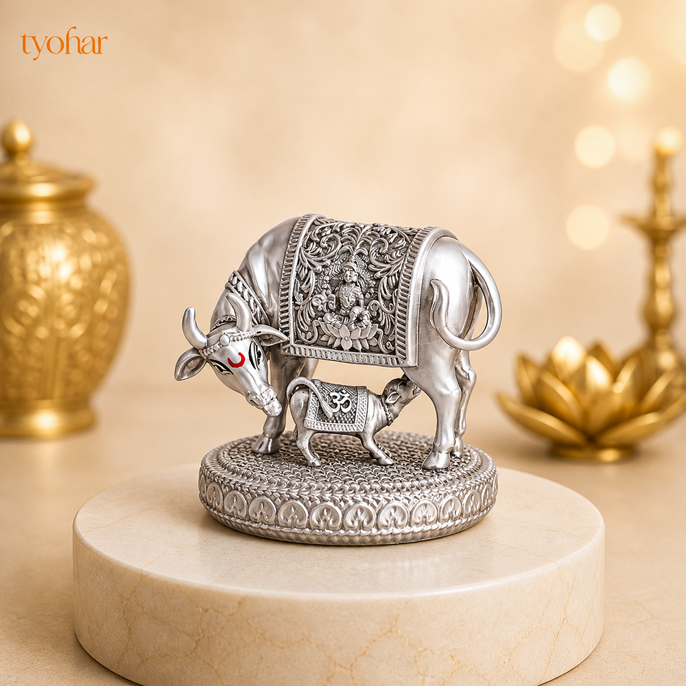 Mata Kamdhenu With Nandi Calf Idol | Pure Silver Plated