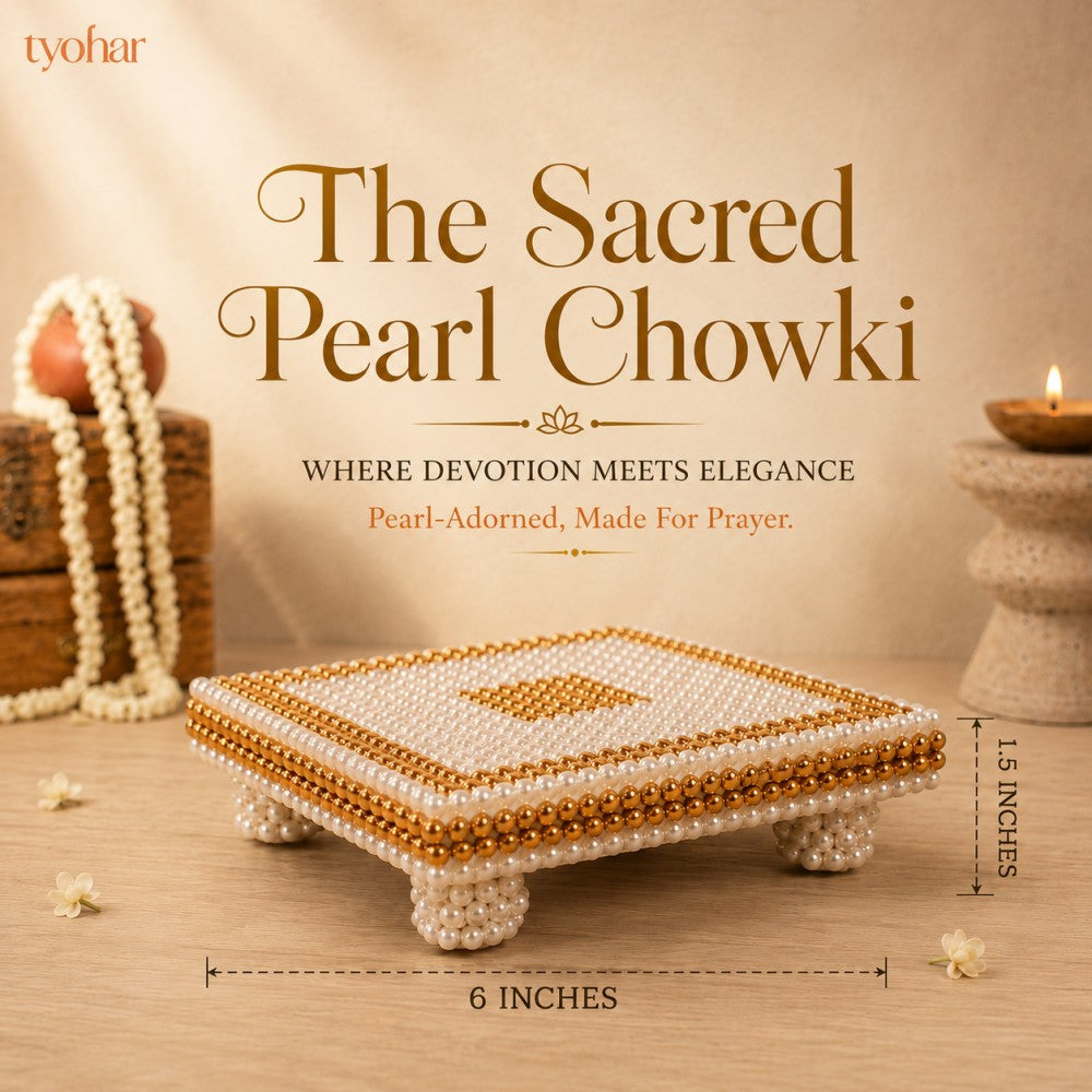 White and Gold Pearl Pooja Chowki [6x6 inches]