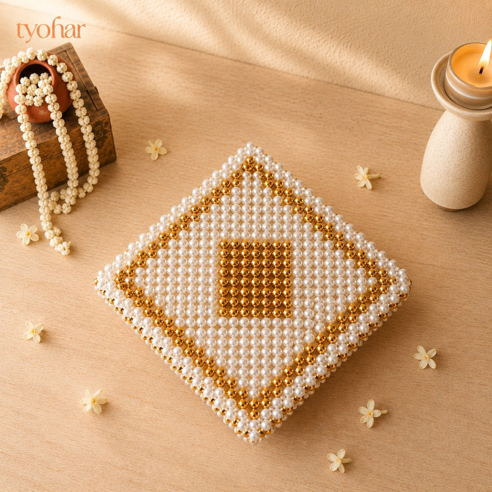 White and Gold Pearl Pooja Chowki [6x6 inches]