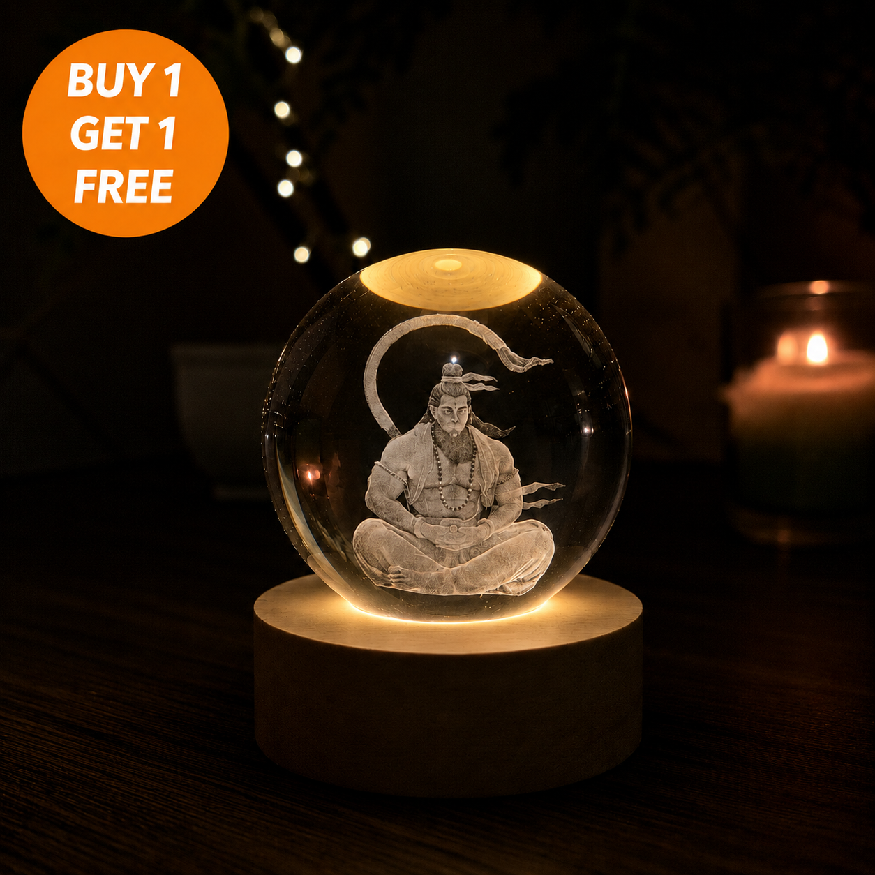 Divine 3D Crystal Lamp – Laser Engraved God Idol Night Light with Wooden LED Base