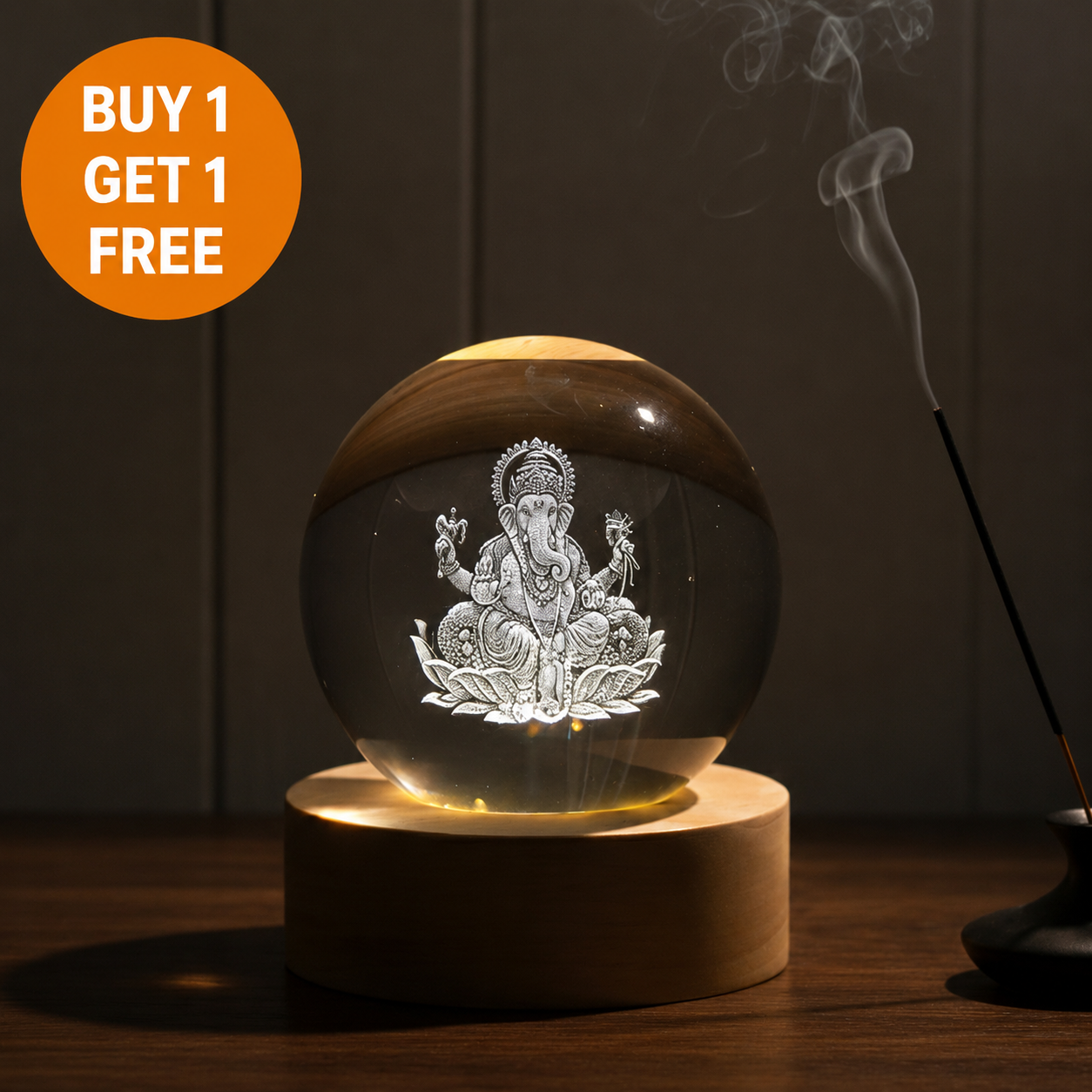 Divine 3D Crystal Lamp – Laser Engraved God Idol Night Light with Wooden LED Base