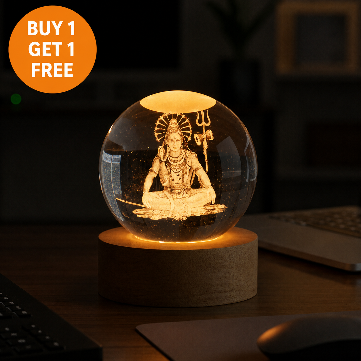 Divine 3D Crystal Lamp – Laser Engraved God Idol Night Light with Wooden LED Base