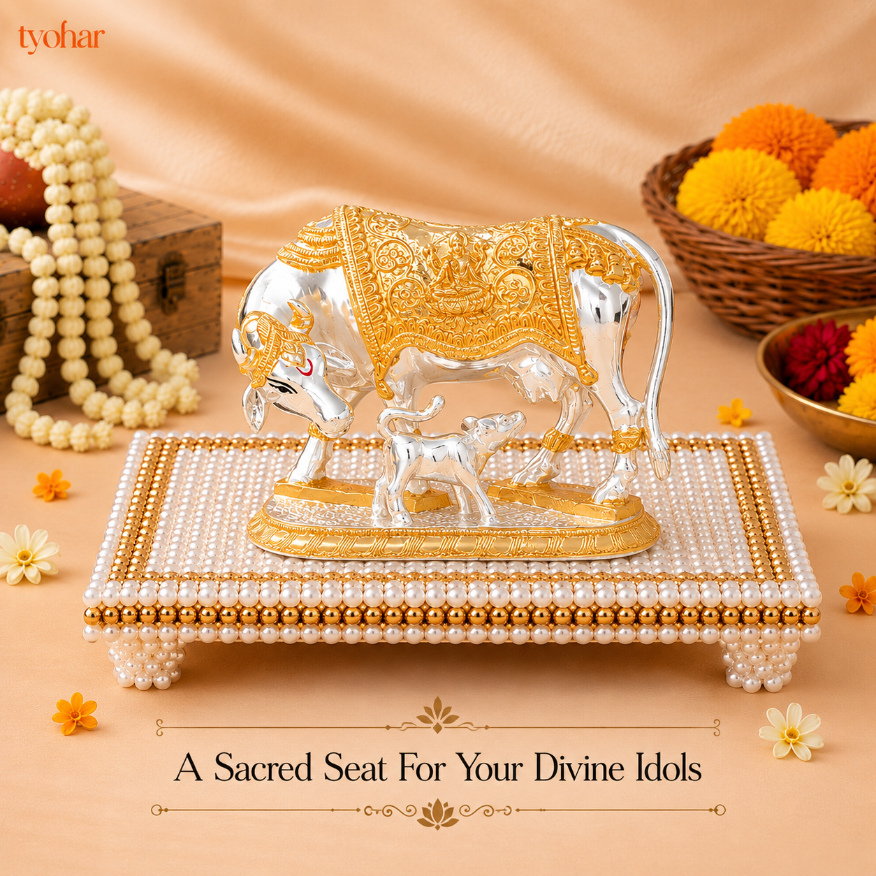 White and Gold Pearl Pooja Chowki [3 Sizes]