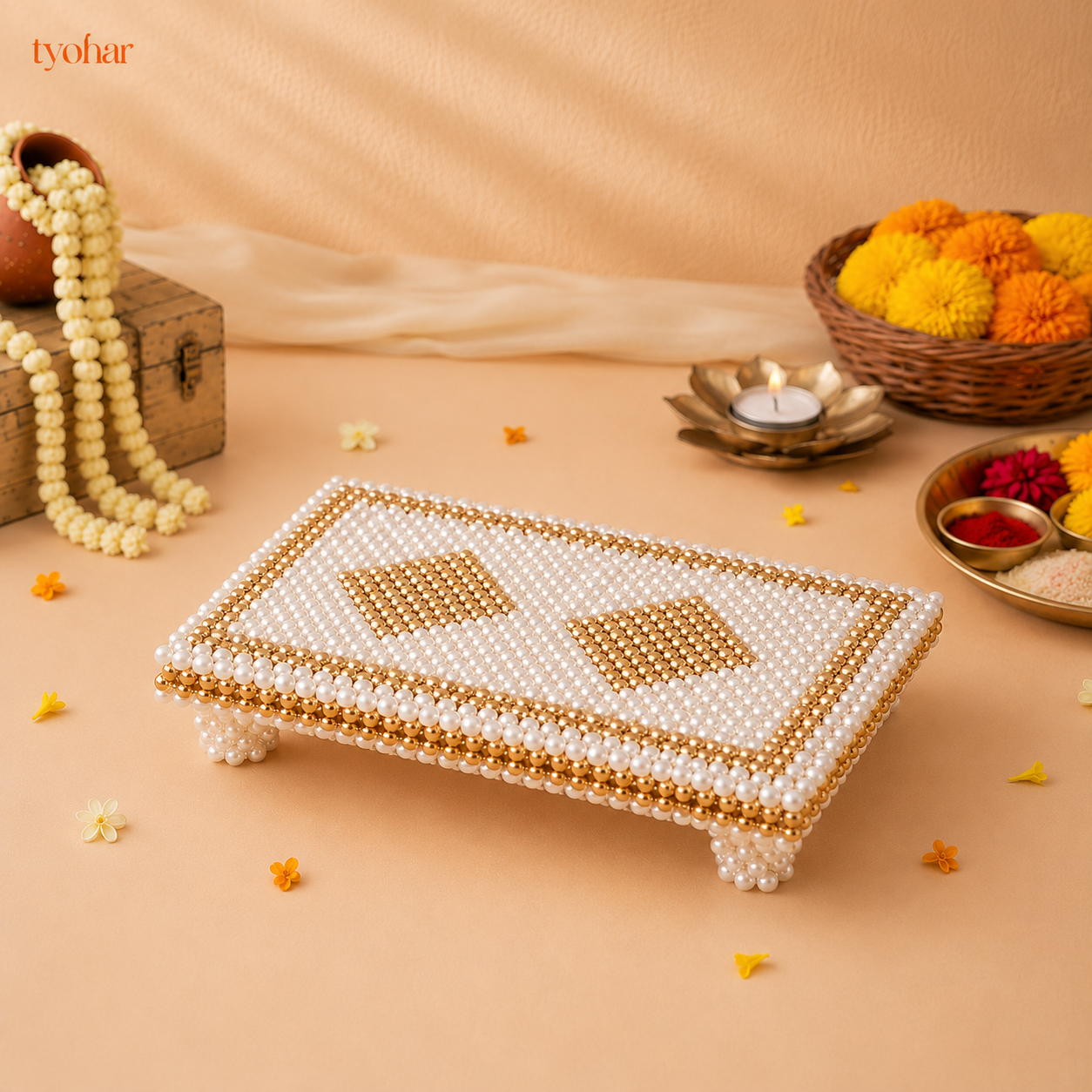 White and Gold Pearl Pooja Chowki [3 Sizes]