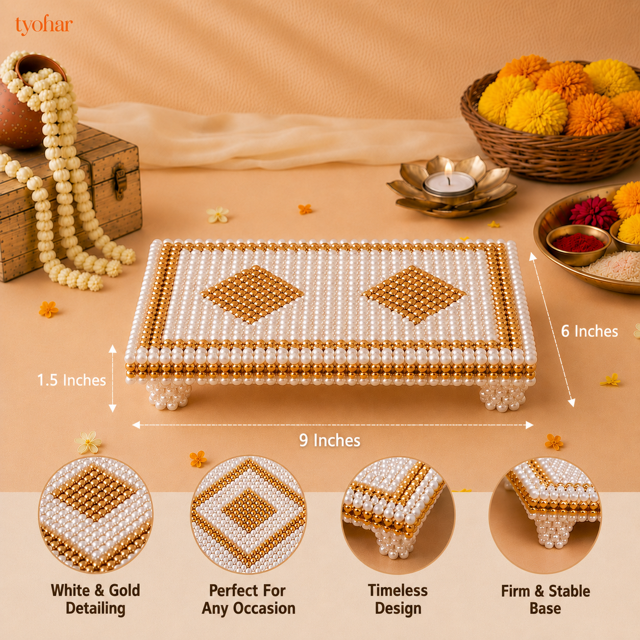 White and Gold Pearl Pooja Chowki [3 Sizes]
