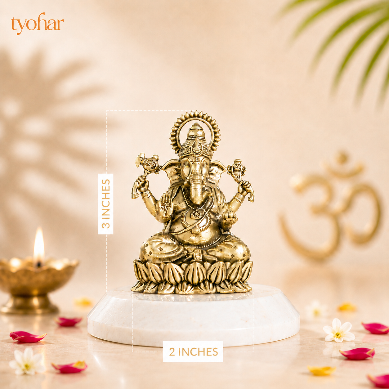 Brass Left-Trunk Vighnaharta Ganesha Murti Sitting On Lotus [3 Inch]