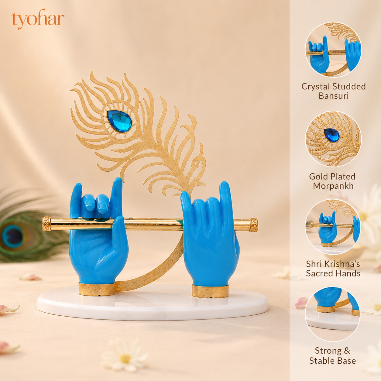 Krishna's Divine Hands with Flute & Intricate Morpankh | Pure 24K Gold Plated