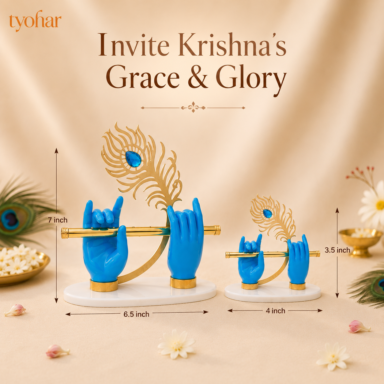 Krishna's Divine Hands with Flute & Intricate Morpankh | Pure 24K Gold Plated