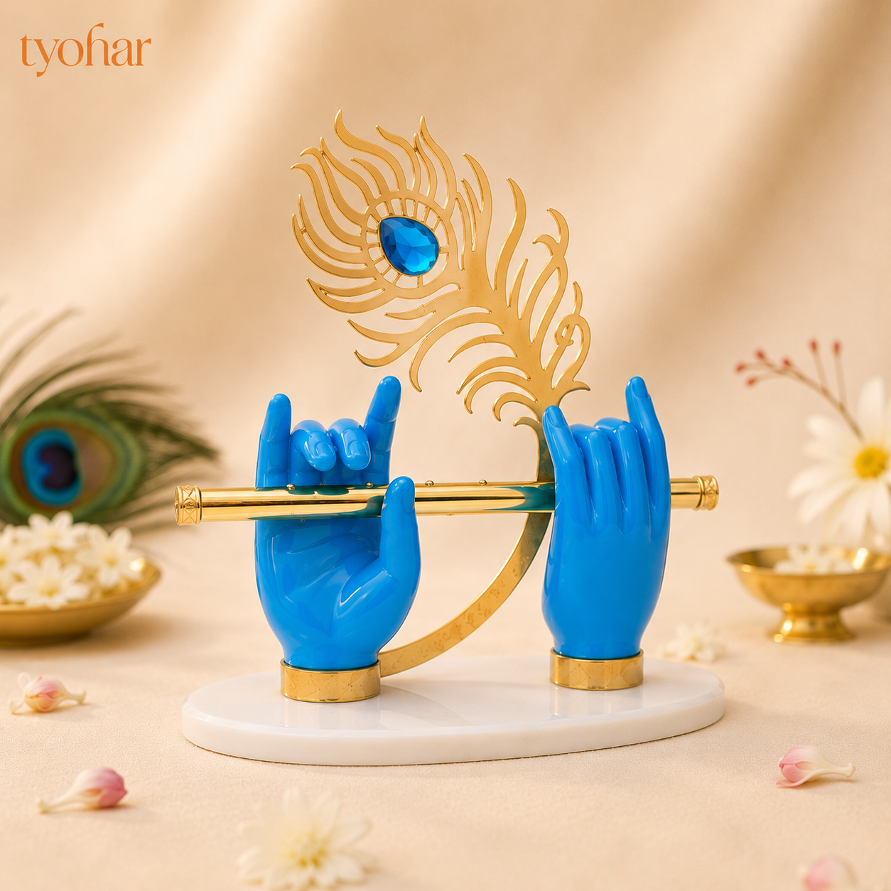 Krishna's Divine Hands with Flute & Intricate Morpankh | Pure 24K Gold Plated