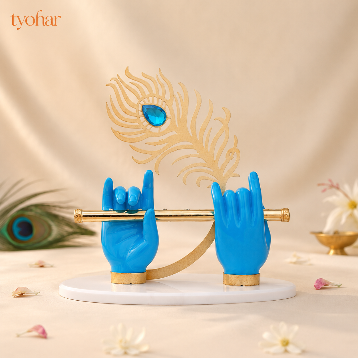 Krishna's Divine Hands with Flute & Intricate Morpankh | Pure 24K Gold Plated