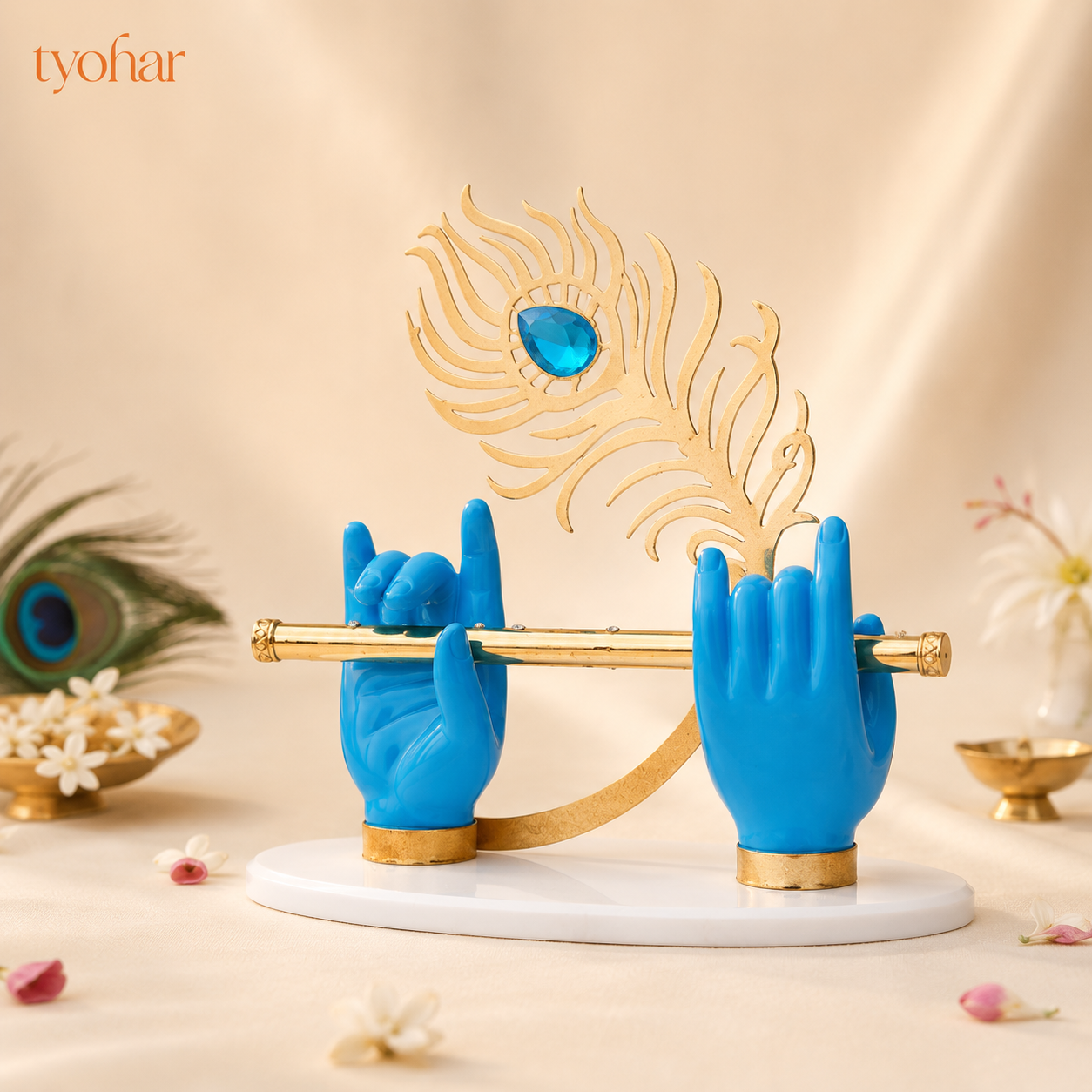 Krishna's Divine Hands with Flute & Intricate Morpankh | Pure 24K Gold Plated