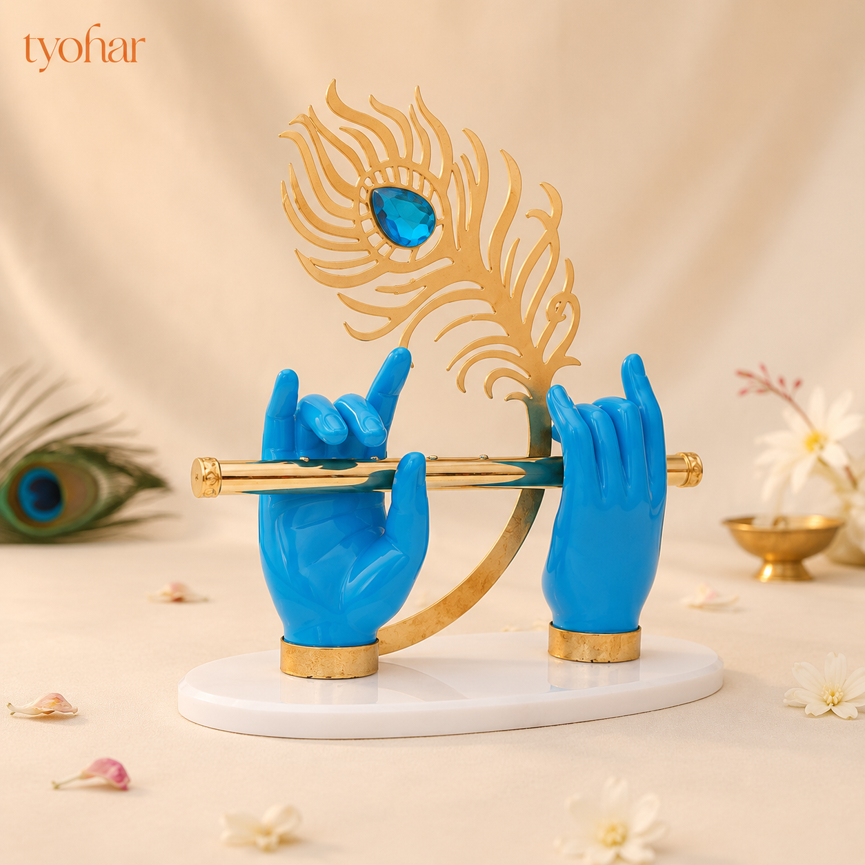 Krishna's Divine Hands with Flute & Intricate Morpankh | Pure 24K Gold Plated