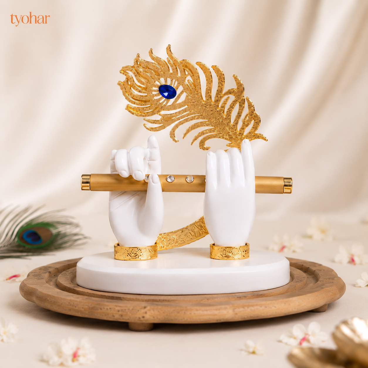 Krishna's Divine Hands with Flute & Intricate Morpankh | Pure 24K Gold Plated