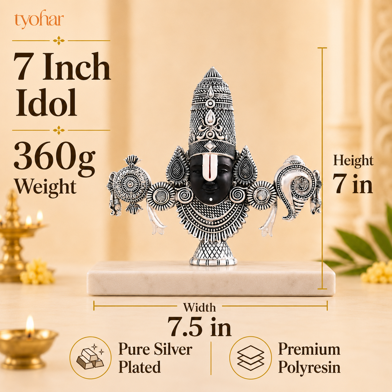 Shree Balaji Face Idol | Pure Silver Plated