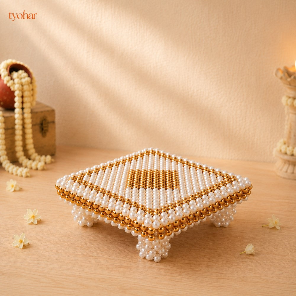 White and Gold Pearl Pooja Chowki [6x6 inches]