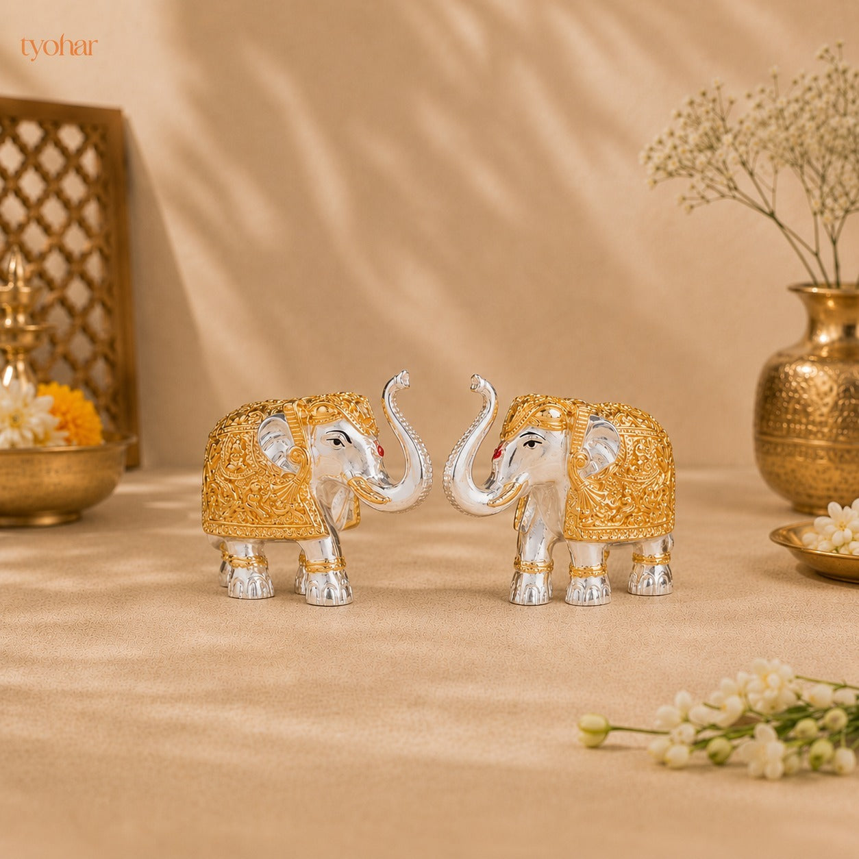 Trunk Up Elephant Pair - Gold & Silver Plated