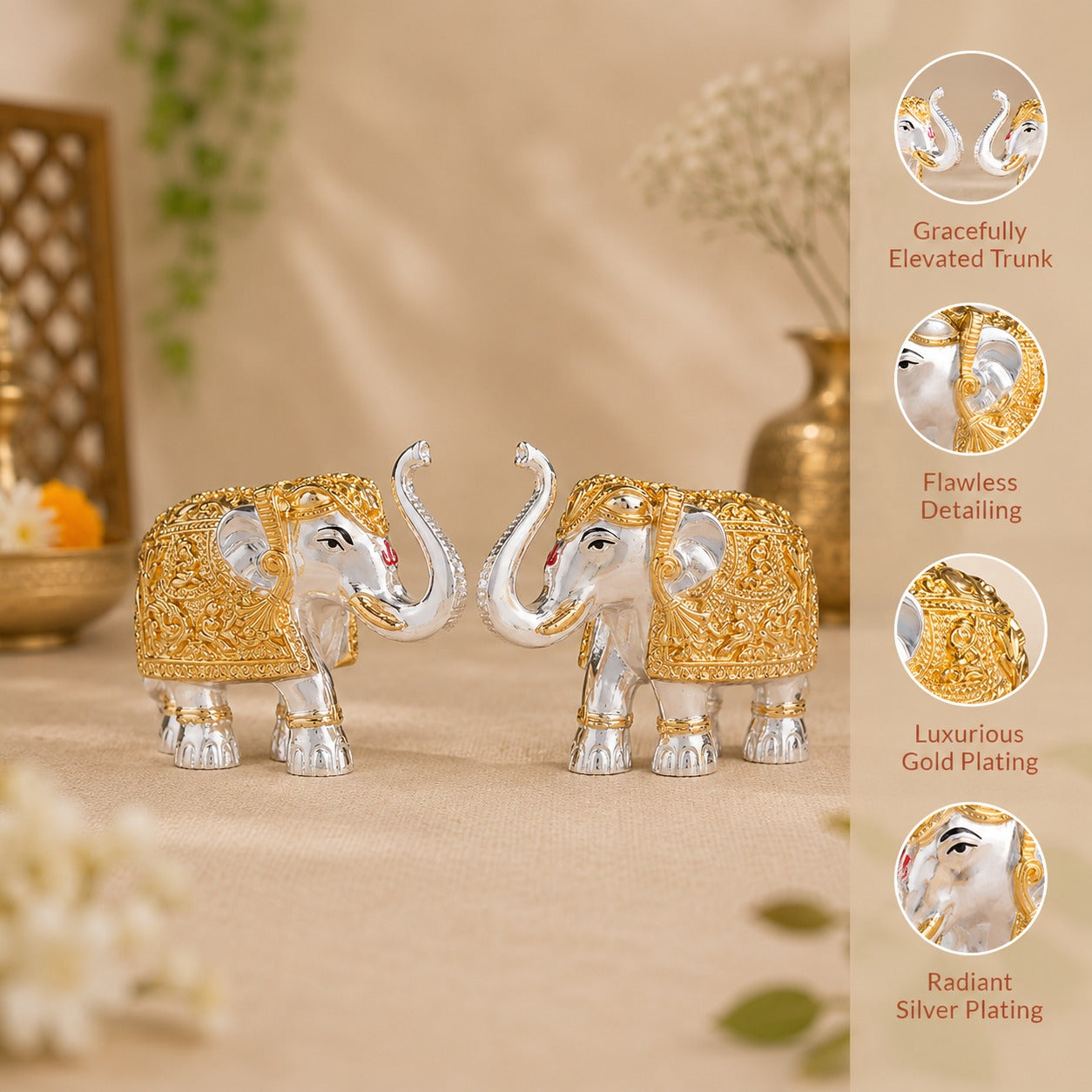 Trunk Up Elephant Pair - Gold & Silver Plated