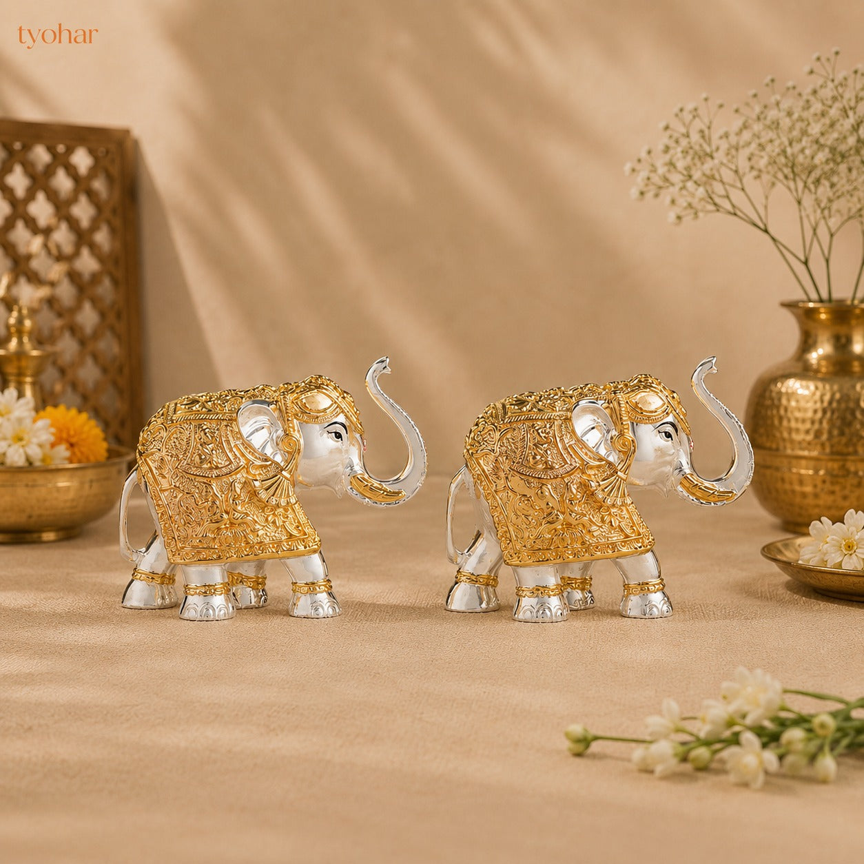 Trunk Up Elephant Pair - Gold & Silver Plated