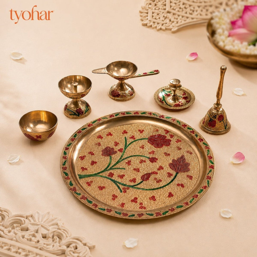Brass Floral Meenakari Pooja Thali Set (10 Inch) - Tyohar Store