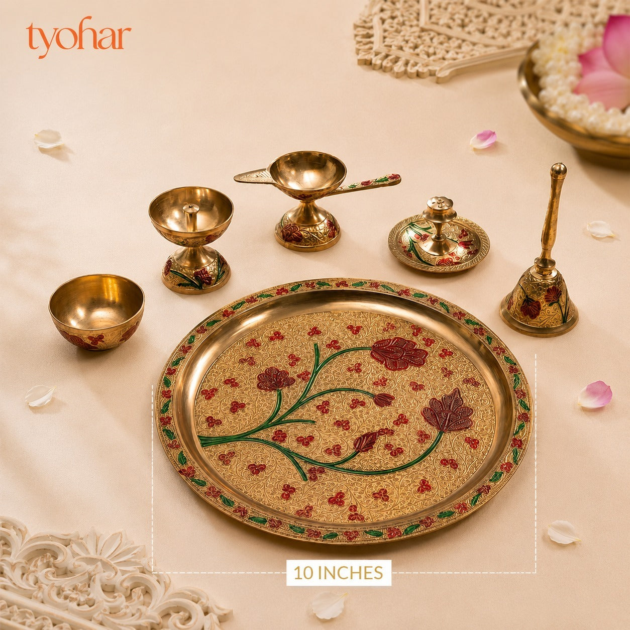 Brass Floral Meenakari Pooja Thali Set (10 Inch)