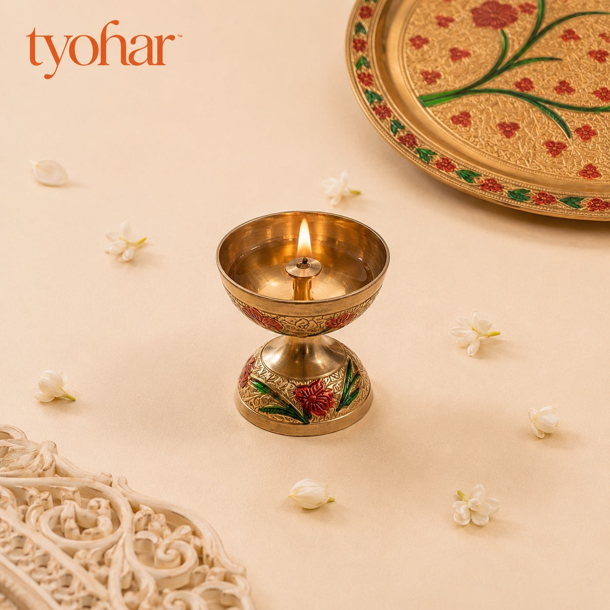 Brass Floral Meenakari Pooja Thali Set (10 Inch)