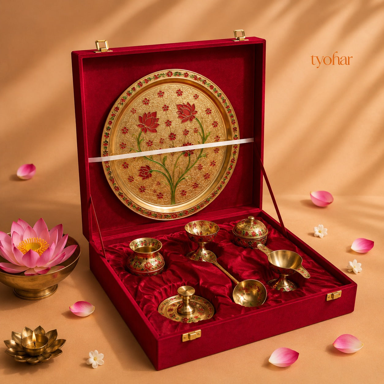 Brass Floral Meenakari Pooja Thali Set (10 Inch)