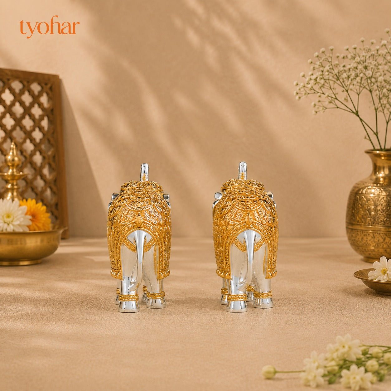 Trunk Up Elephant Pair - Gold & Silver Plated