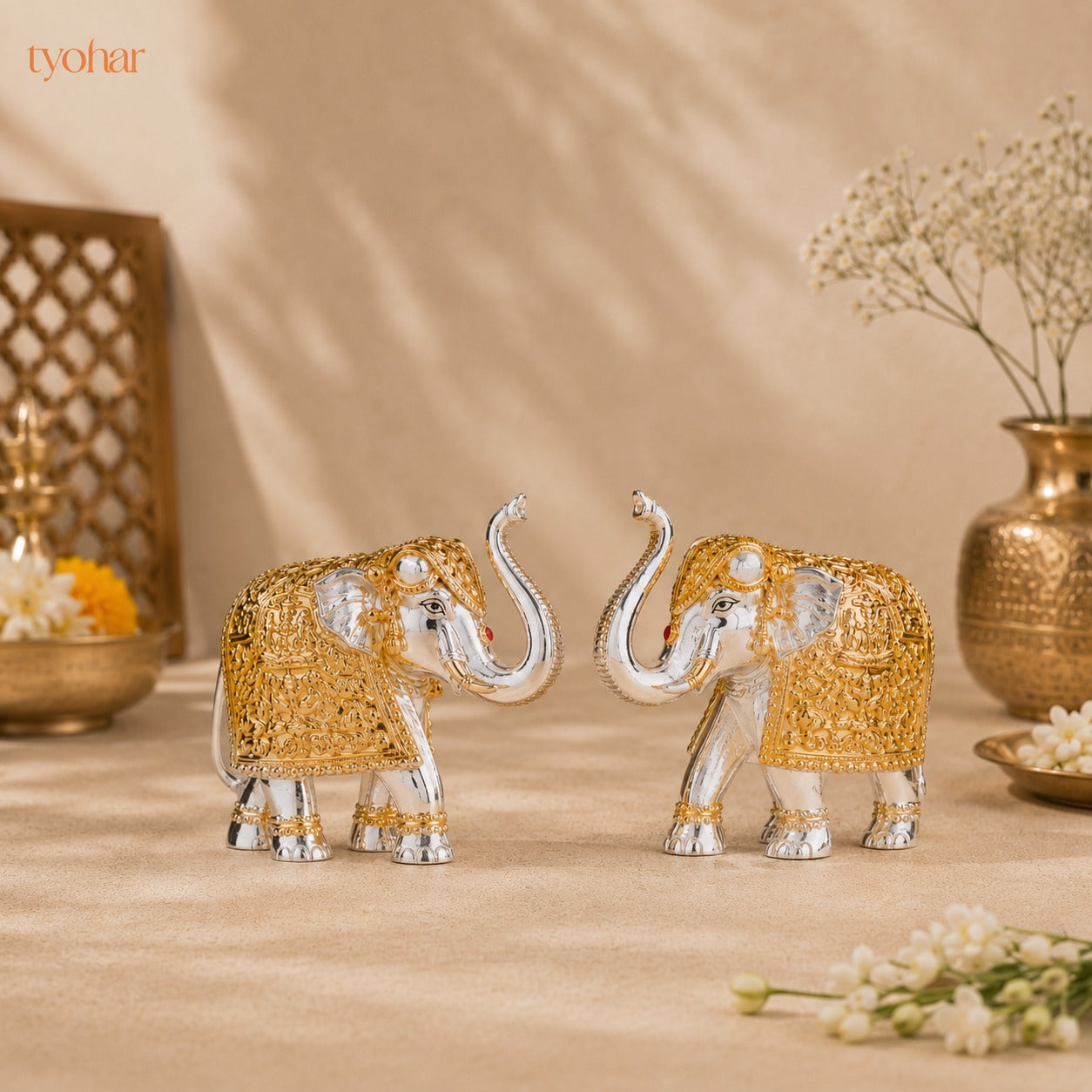 Trunk Up Elephant Pair - Gold & Silver Plated