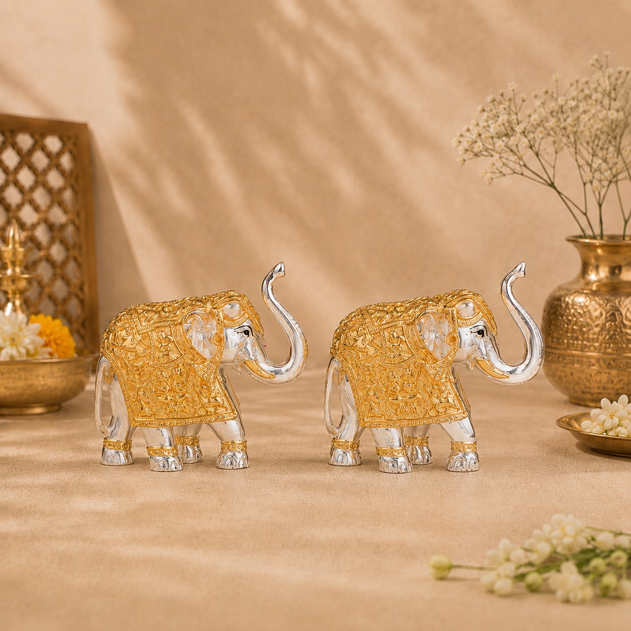 Trunk Up Elephant Pair - Gold & Silver Plated