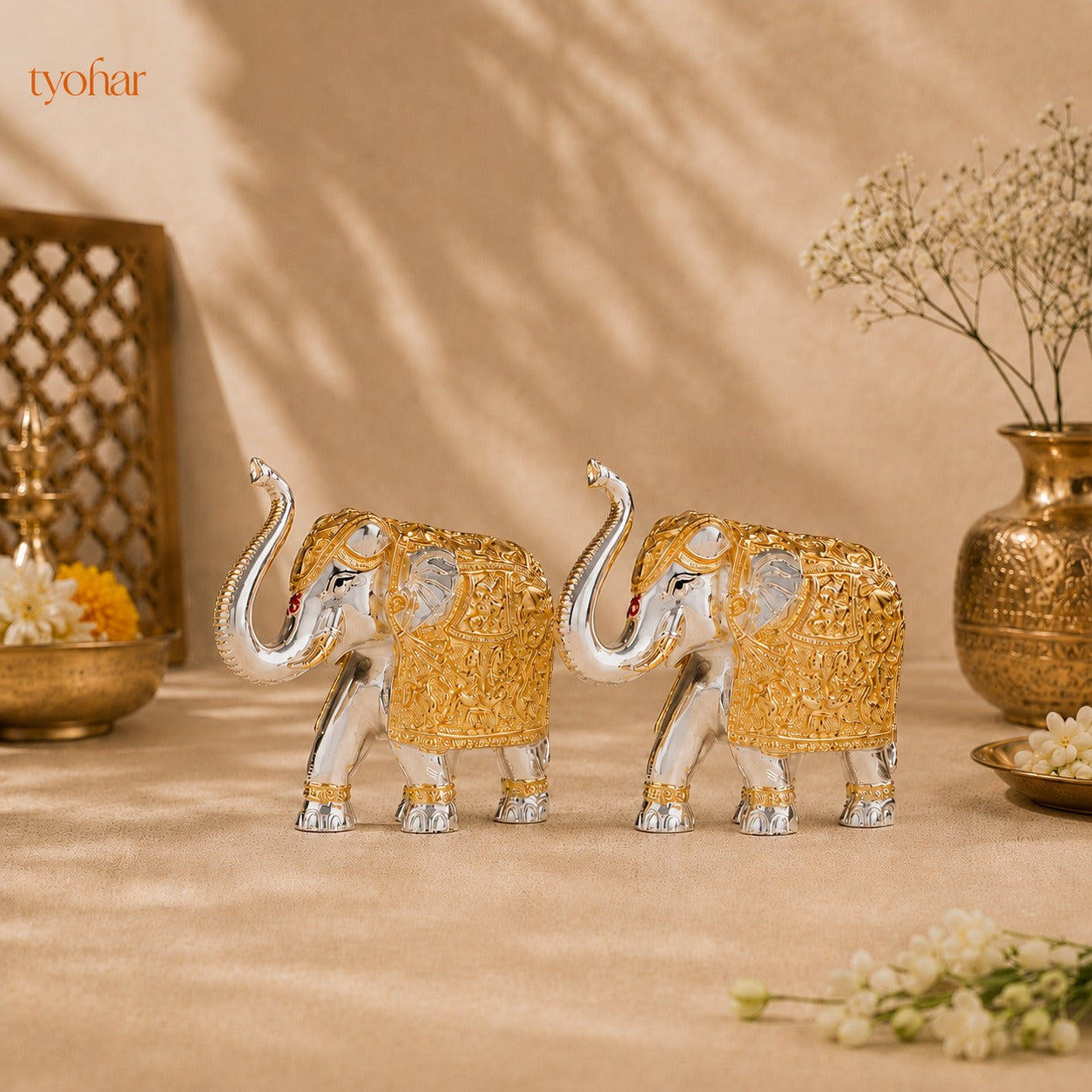 Trunk Up Elephant Pair - Gold & Silver Plated
