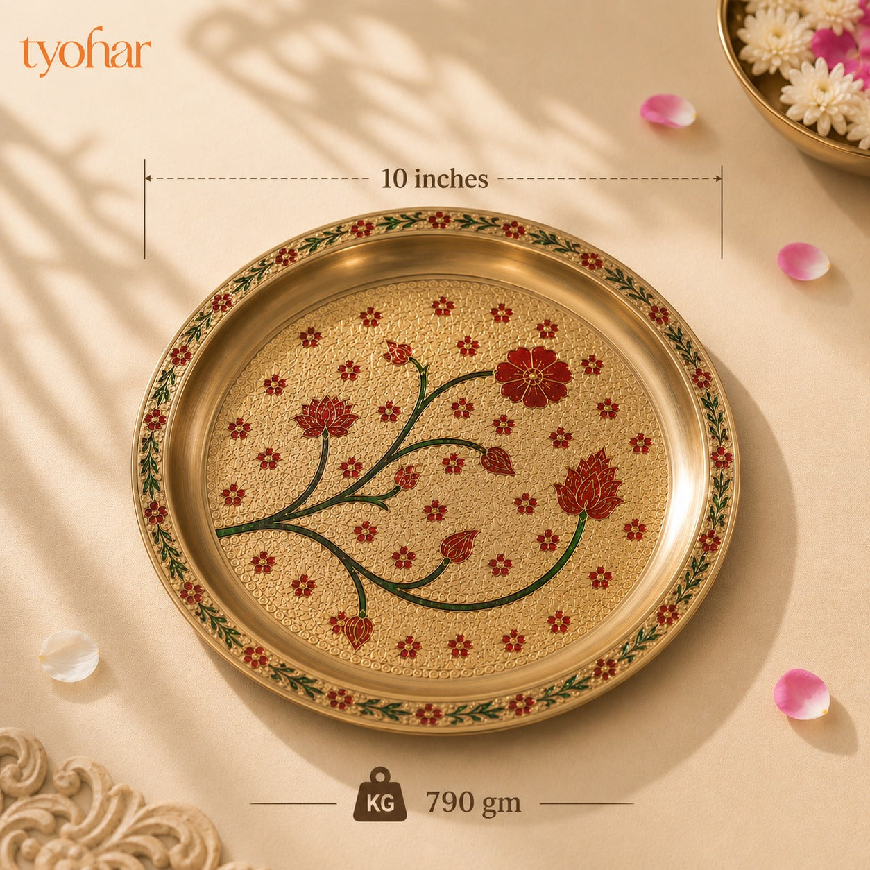 Brass Floral Meenakari Pooja Thali Set (10 Inch)