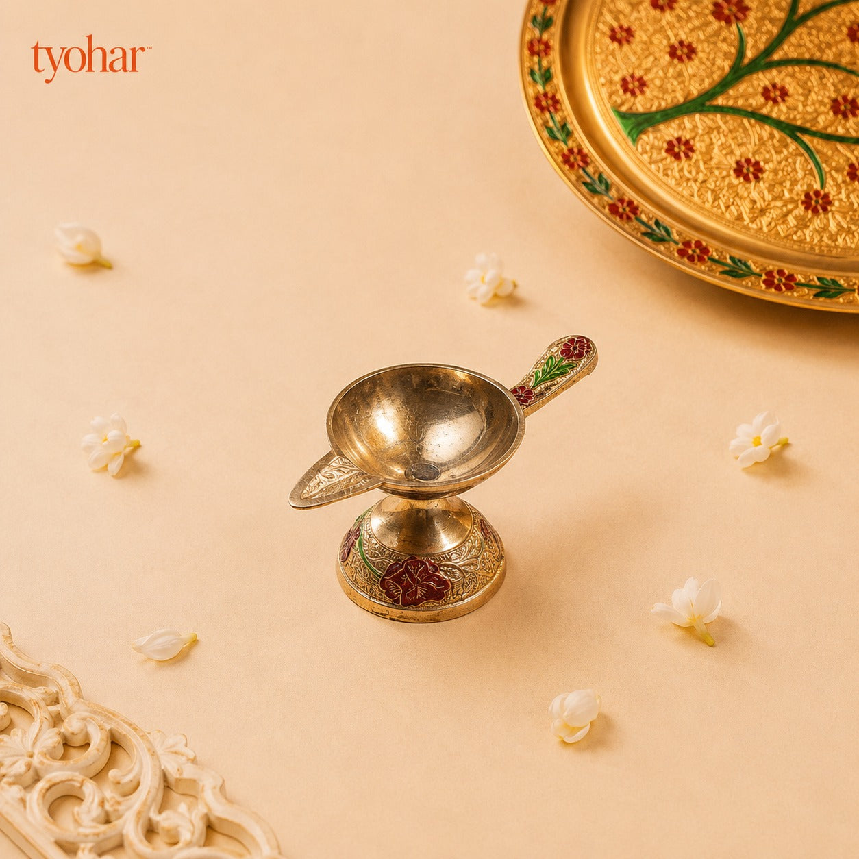 Brass Floral Meenakari Pooja Thali Set (10 Inch)