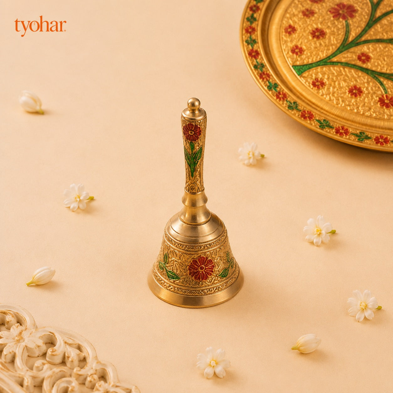 Brass Floral Meenakari Pooja Thali Set (10 Inch)