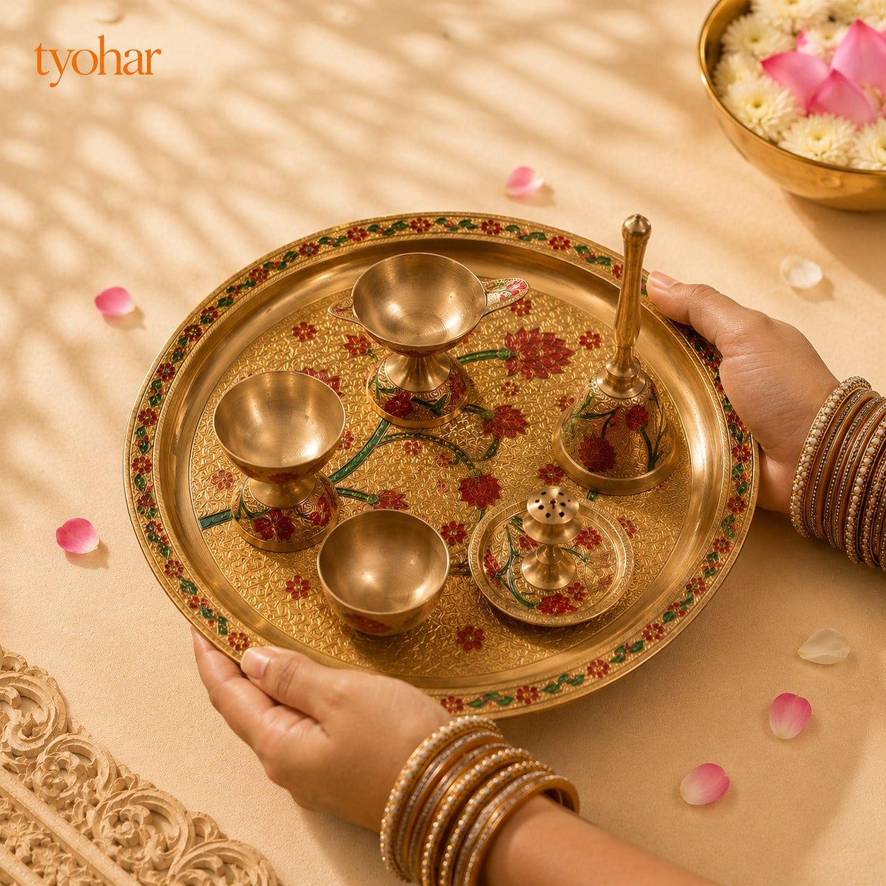 Brass Floral Meenakari Pooja Thali Set (10 Inch)
