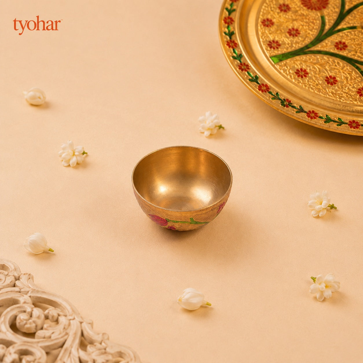 Brass Floral Meenakari Pooja Thali Set (10 Inch)