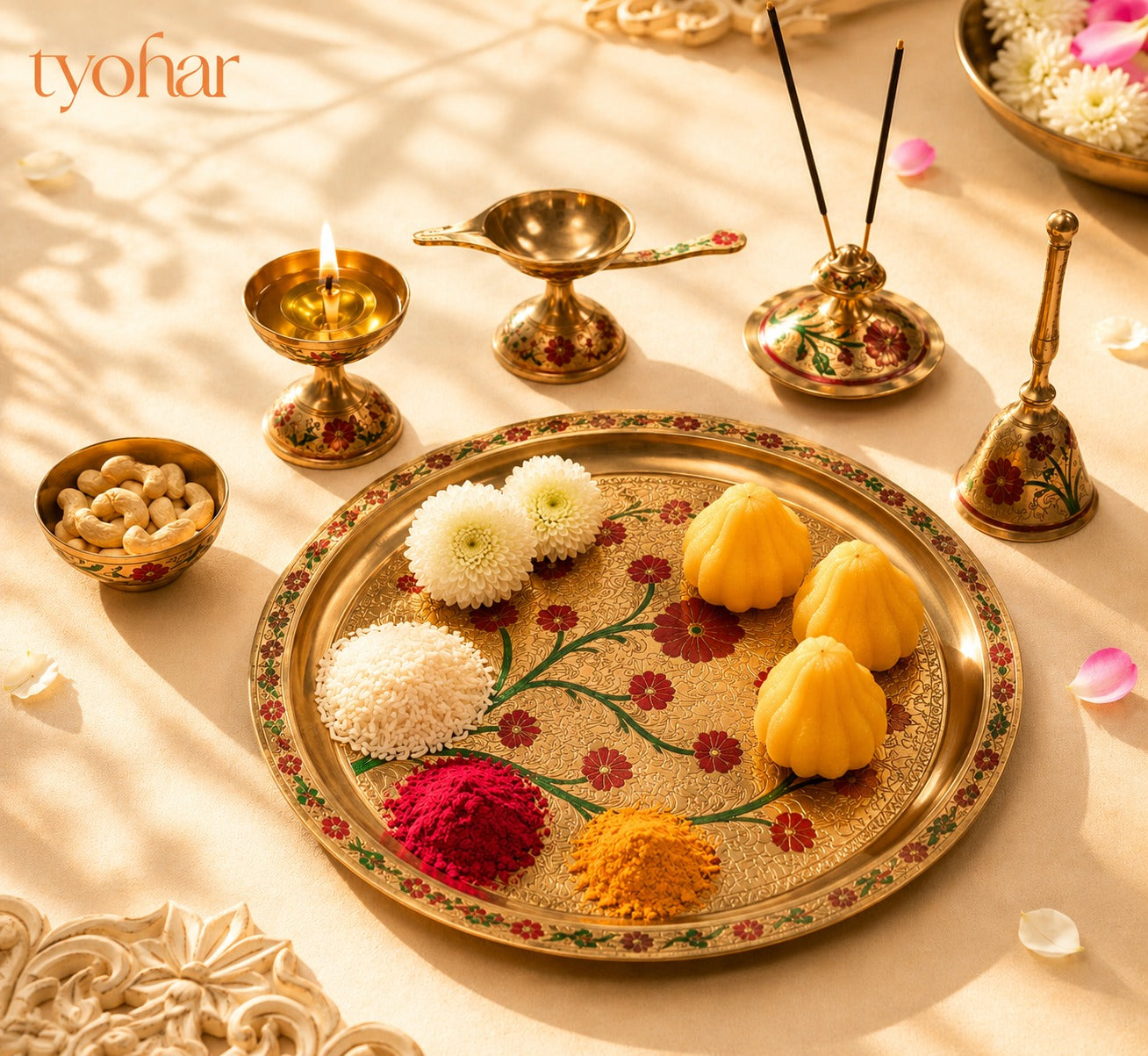 Brass Floral Meenakari Pooja Thali Set (10 Inch)